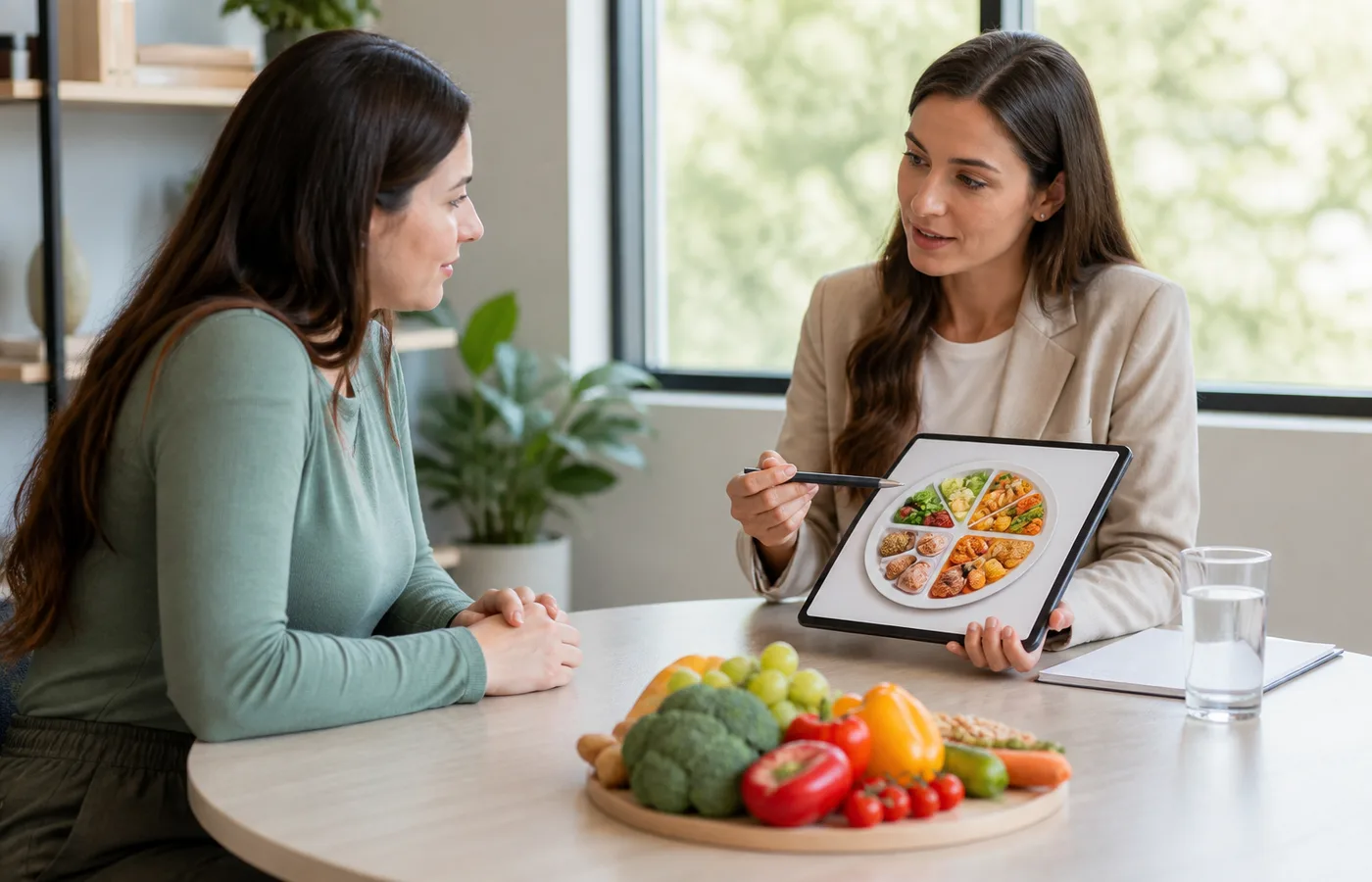 Sağlık ekibi ile danışan kişinin gastrik bypass sürecinde takip başlıklarını nötr aydınlatmalı bir görüşme odasında konuştuğu bilgilendirici görsel